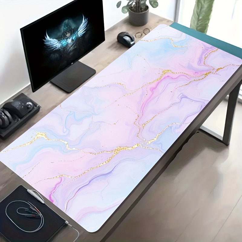 Desk Setup Blue - Pink Blue Marble Mouse Pad Large