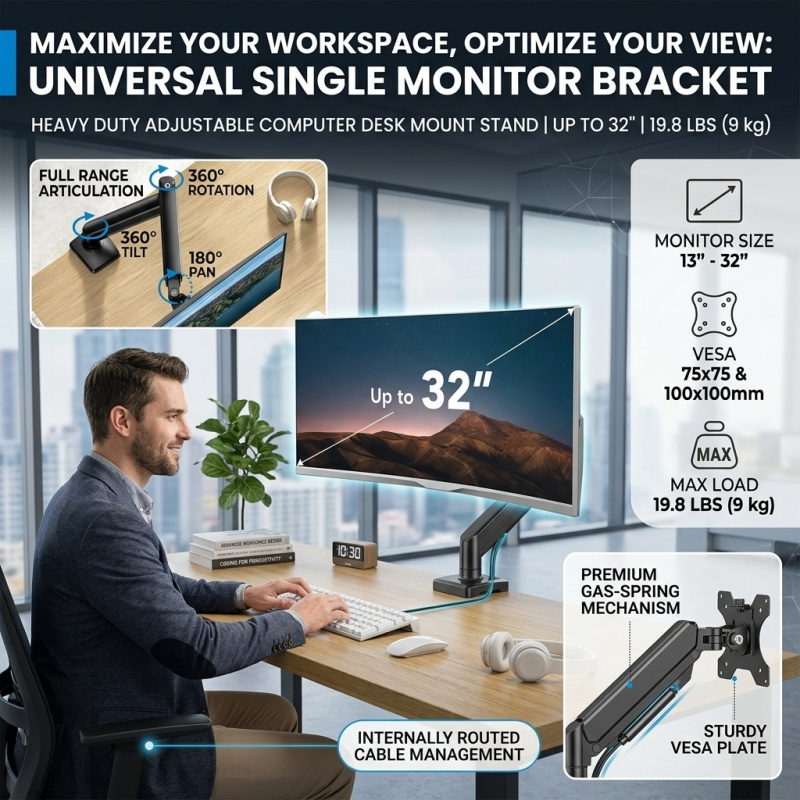 Desk Setup Ergonomics - Universal Single Monitor Arm Bracket Up