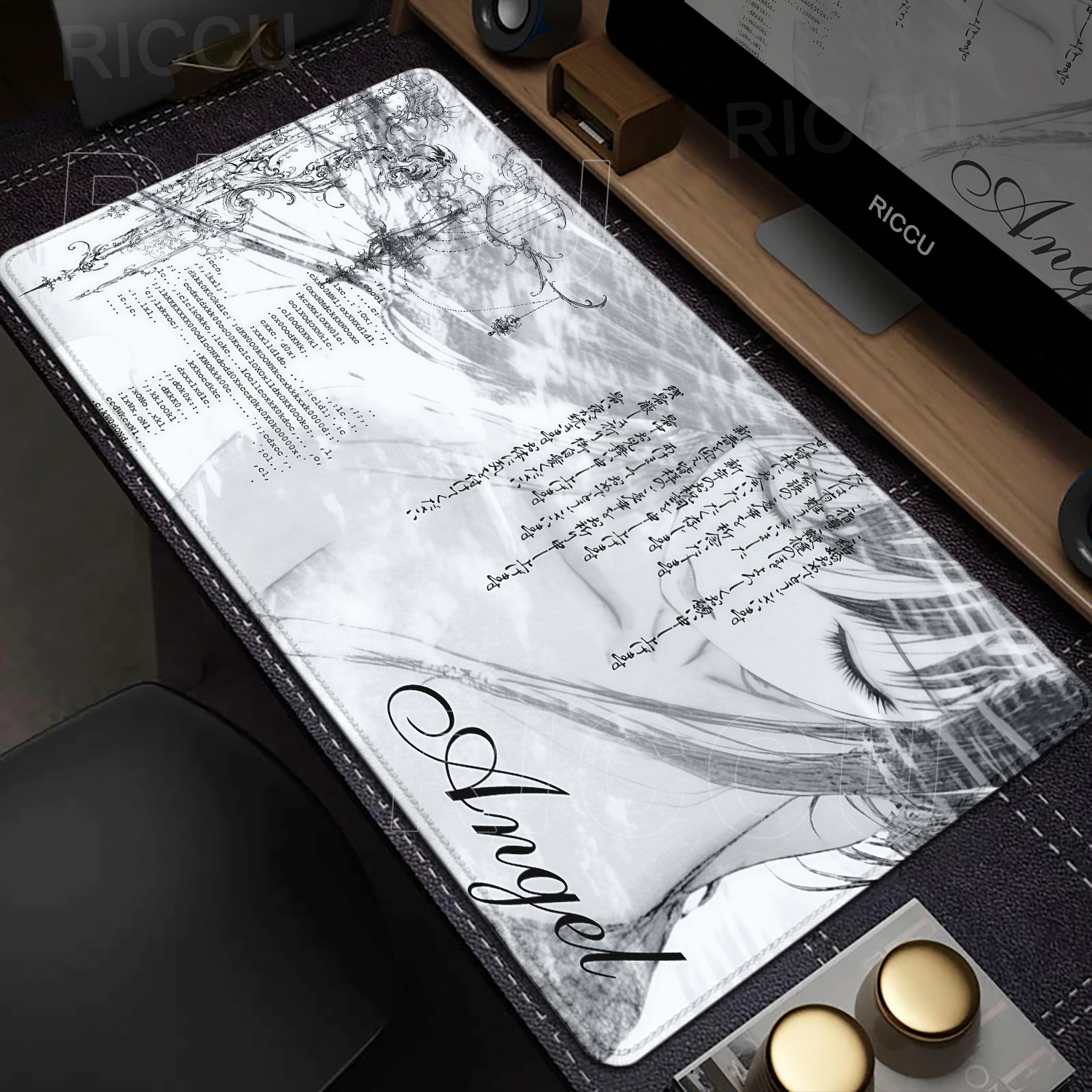 Desk Setup White - Anime Aesthetics Mousepad Black White Angel
