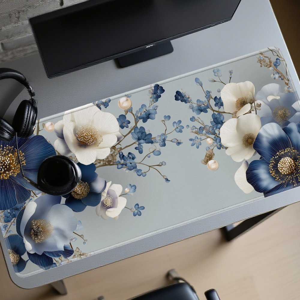 Desk Setup Blue - Elegant Blue Floral Desk Mat Large