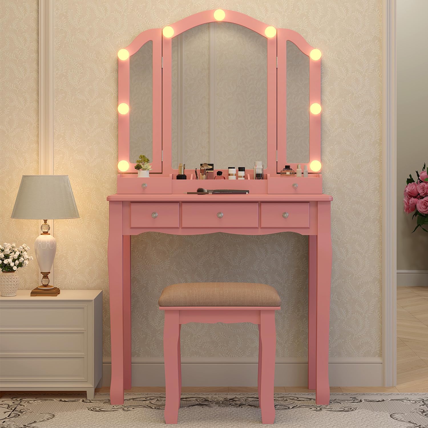 Pink Makeup Vanity Desk with M - Desk Setup Girl recensie en prijs