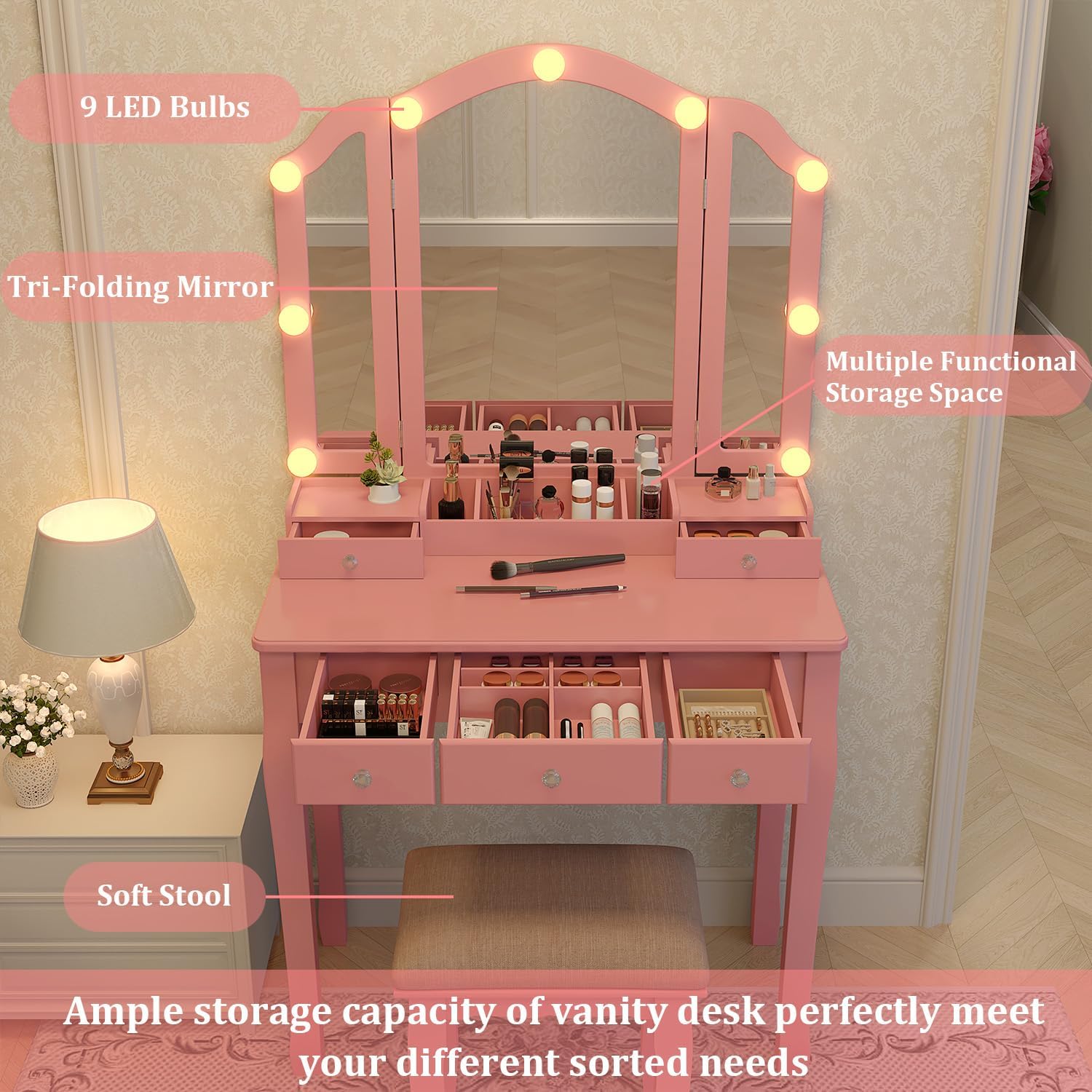 Pink Makeup Vanity Desk with M - Desk Setup Girl recensie en prijs