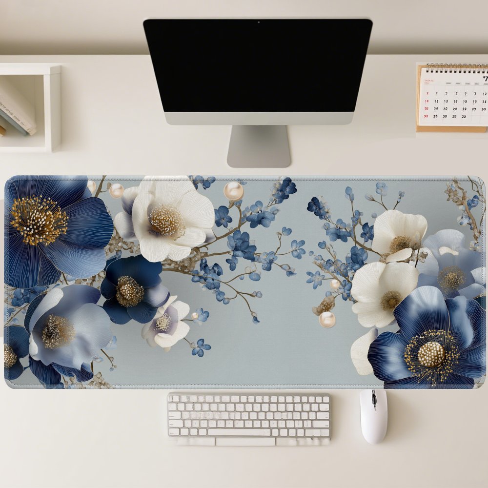 Elegant Blue Floral Desk Mat L - Desk Setup Blue recensie en prijs